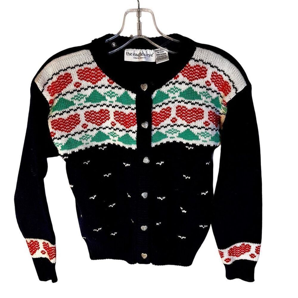 Vintage Sweater The Eagle’s Eye Cardigan Navy with Red Hearts Girls Sz M 10/12